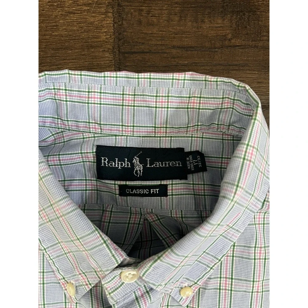 Ralph Lauren Classic Fit‎ Blue Pink Plaid Check Button Down Shirt 17 32-33 XL L